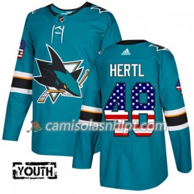 Camisola San Jose Sharks Tomas Hertl 48 Adidas 2017-2018 Teal USA Flag Fashion Authentic - Criança